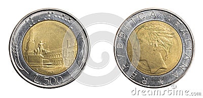 Italy five hundred lira coin on a white isolated background Stock Photo