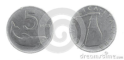 Italy five lire coin on a white isolated background Stock Photo