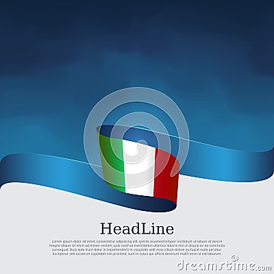 Italy flag background. Wavy ribbon color flag of italy on a blue white background. National poster. Vector tricolor design. State Vector Illustration