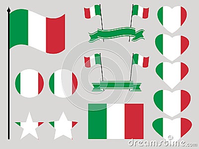 Italy flag set. Collection of symbols heart and circle. Vector Vector Illustration