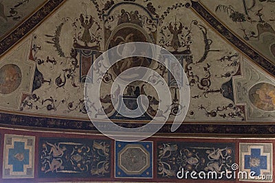 Frescoes of the first inner courtyard at medieval Palazzo Vecchio, Florence, Tuscany, Italy Editorial Stock Photo