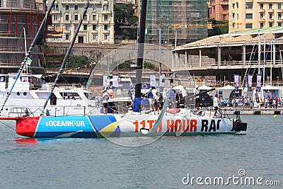 ITALY,GENOA: here is the boat that won the 2023 edition of Ocean Race: 11th Hour Racing Team. Editorial Stock Photo