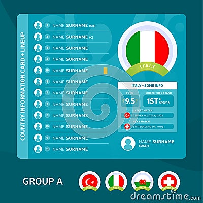 Italy group A Football 2020 tournament final stage vector illustration. Country team lineup table with place for information. 2020 Vector Illustration