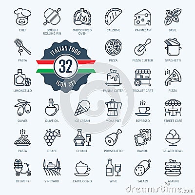 Italy, Italian food, Italian cuisine - minimal thin line web icon set. Outline icons collection. Vector Illustration