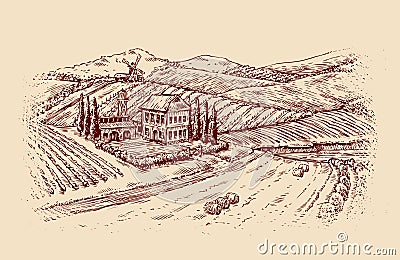 Italy. Italian landscape. Hand-drawn sketch vintage vineyard, farm. Vector illustration Vector Illustration