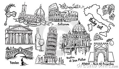 Italy Landmark Vector Sketch Set. Coliseum, bridges Venice, tower Pisa, Vatican, Rimini, Arch Augustus, Santa Maria del Vector Illustration