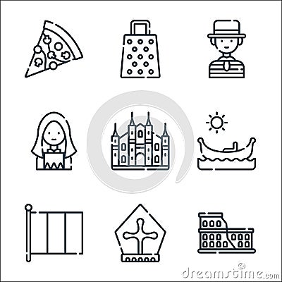 italy line icons. linear set. quality vector line set such as colosseum, pope, italy, gondola, cathedral, woman, gondolier, cheese Vector Illustration