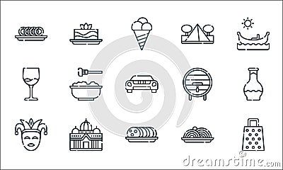 Italy line icons. linear set. quality vector line set such as cheese grater, ciabatta, carnival, spaghetti, basilic, wine, wine Vector Illustration
