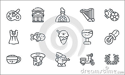 Italy line icons. linear set. quality vector line set such as laurel, pinocchio, cappuccino, scooter, pizza, dress, wine, harp, Vector Illustration