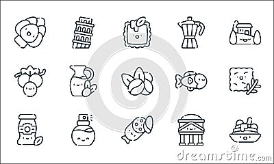 Italy line icons. linear set. quality vector line set such as spaghetti, pepperoni, sauce, pantheon, perfume, grapes, fish, coffee Cartoon Illustration