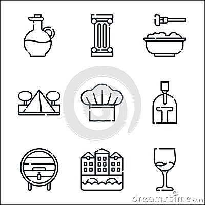 italy line icons. linear set. quality vector line set such as wine, venice, wine barrel, gladiator, chef, pasta, pillar Vector Illustration