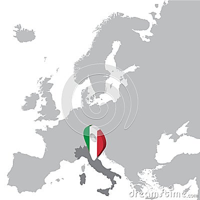 Italy Location Map on map Europe. 3d Italy flag map marker location pin. High quality map Italy. Vector Illustration