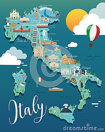 Italy map with attractive landmarks illustration. Cartoon Illustration