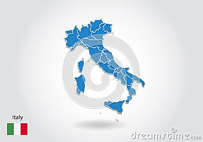 Italy map design with 3D style. Blue italy map and National flag. Simple vector map with contour, shape, outline, on white Vector Illustration