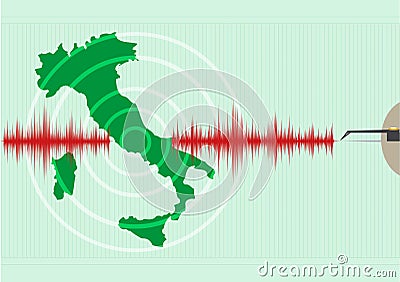 Italy Map Earthquake. Epicenter recorded with a seismic mornitoring device. Editable Clip Art. Vector Illustration