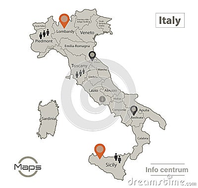 Italy map, individual regions with names, Infographics and icons Vector Illustration