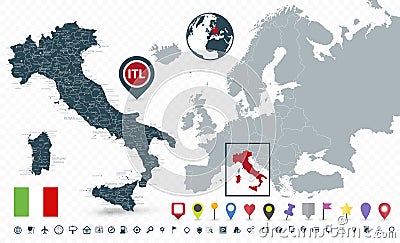 Italy Map and Italy location on Europe Map isolated on transparent background Vector Illustration