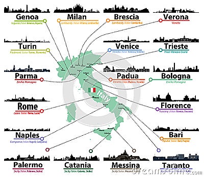 Italy map with largest italian cities skylines silhouettes vector set Vector Illustration