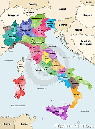 Italy provinces colored by regions vector map Vector Illustration