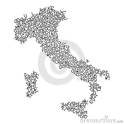 Italy map from pattern of black latin alphabet scattered letters. Vector illustration Cartoon Illustration