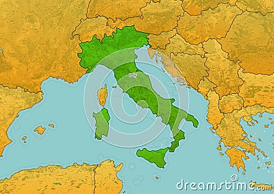 Italy map showing country highlighted in green color with rest of European countries in brown Stock Photo