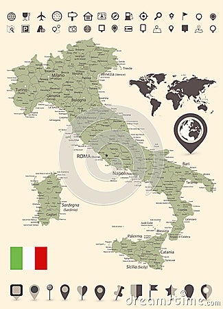 Italy Map and and World Map with navigation icons Vector Illustration