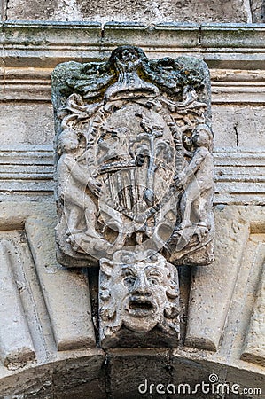 Italy. Matera. Civita. Palazzo Santoro, 16th century AD. The family crest above the entrance door from the Via Duomo Editorial Stock Photo
