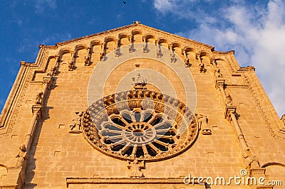 Italy. Matera. Pontifical Basilica - Cathedral of Maria Santissima della Bruna and Sant`Eustachio. Main facade Editorial Stock Photo