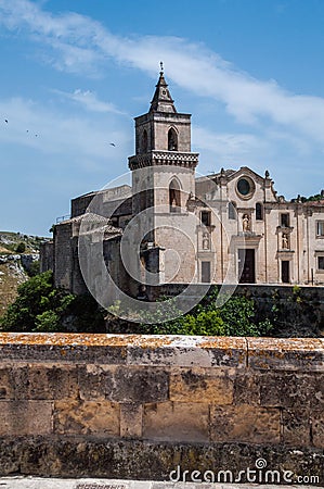 Italy. Matera. Sasso Caveoso. Church of San Pietro Caveoso, 13th century. Main facade and bell tower Editorial Stock Photo