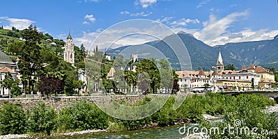 River Passirio passing through the city of Merano in Italy Stock Photo