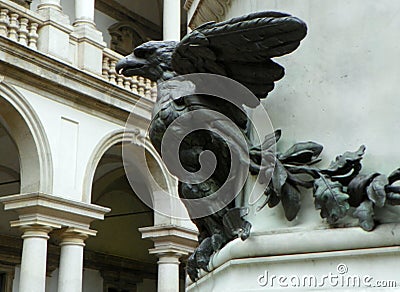 Italy, Milan, Brera Art Gallery (Pinacoteca di Brera), courtyard, statue Napoleon as Mars the Peacemaker, bronze eagle Editorial Stock Photo