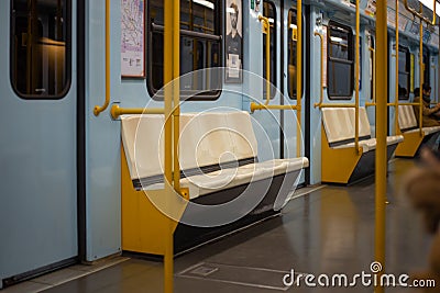 Italy, Milan 10.04.2024: An empty train waits at the San Donato metro station in Milan. Editorial Stock Photo
