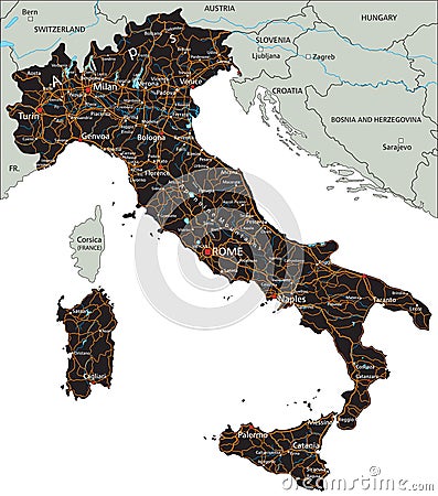 High detailed Italy road map with labeling. Vector Illustration