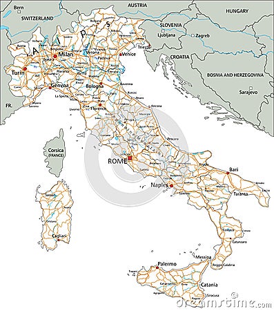 High detailed Italy road map with labeling. Vector Illustration