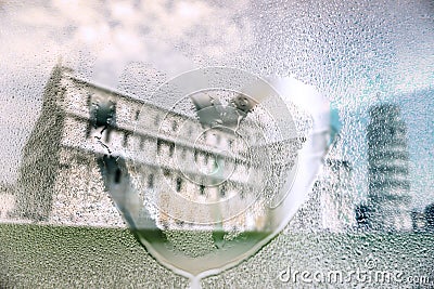 Italy, Pisa, the leaning tower in rainy day with draw heart on wet glass Stock Photo