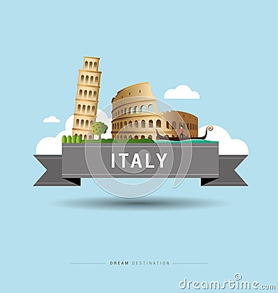 Italy and Pisa, Rome, Colosseum, Landmark Vector Illustration