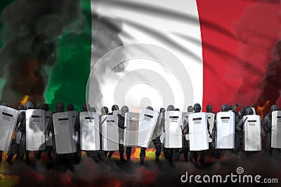 Italy police guards in heavy smoke and fire protecting country against mutiny - protest stopping concept, military 3D Illustration Stock Photo