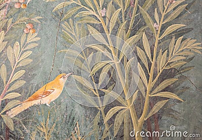 Italy, Pompeii - Luxury roman house interior, fresco detail with bird in a garden Editorial Stock Photo