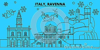 Italy, Ravenna winter holidays skyline. Merry Christmas, Happy New Year decorated banner with Santa Claus.Italy, Ravenna Vector Illustration