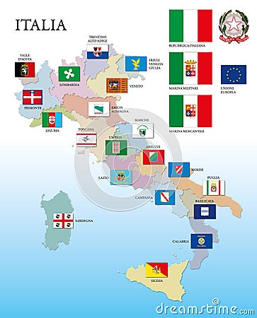 Italy, regional flags and map Vector Illustration