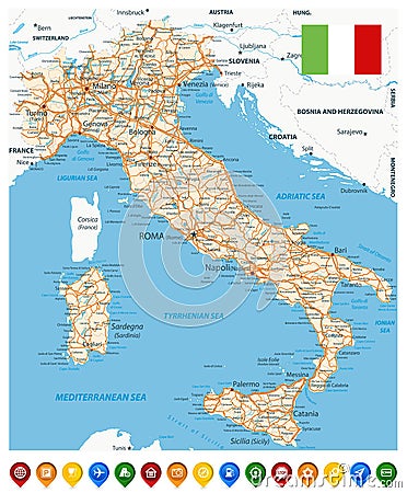 Italy Road Map and Colored Map Pointers Vector Illustration