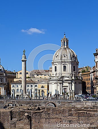 Italy. Rome. Trojan column and ruins of forum of Trajan Stock Photo