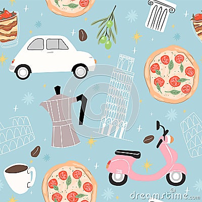 Italy seamless pattern. Background with fiat 500, vespa scooter, pizza and coffee. Vector Illustration