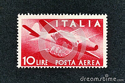 1945 Italy stamp: 10 Lire Air mail Editorial Stock Photo