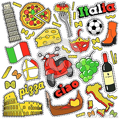 Italy Travel Scrapbook Stickers, Patches, Badges for Prints with Pizza, Venetian Mask, Architecture and Italian Elements Vector Illustration