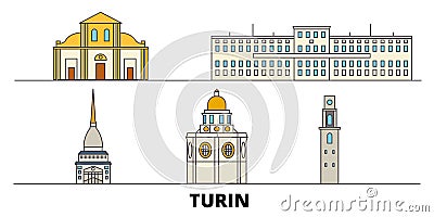 Italy, Turin flat landmarks vector illustration. Italy, Turin line city with famous travel sights, skyline, design. Vector Illustration