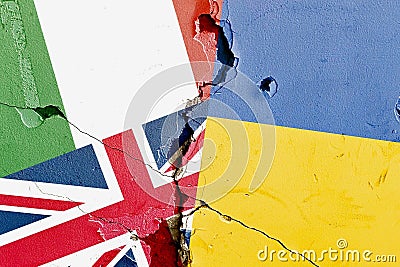 Italy, UK (Great Britain), Ukraine national flag isolated on broken wall Stock Photo