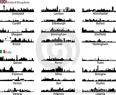 Italy and United Kingdom cities skylines vector set Vector Illustration