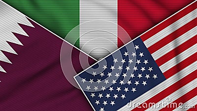 Italy United States of America Qatar Flags Together Fabric Texture Illustration Stock Photo