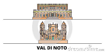Italy, Val Di Noto flat landmarks vector illustration. Italy, Val Di Noto line city with famous travel sights, skyline Vector Illustration